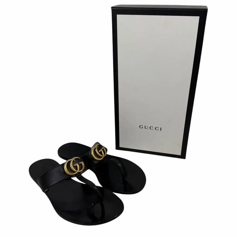 Gucci Black Leather Thong Sandal Gold Double G Logo Size 36.5 - Picture 14 of 15